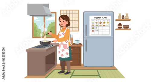 Woman Cooking Noodles At Home Following Weekly Plan On Refrigerator