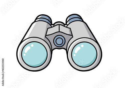 Cartoon Style Light Grey Binoculars with Bright Blue Lenses and Black Outlines.