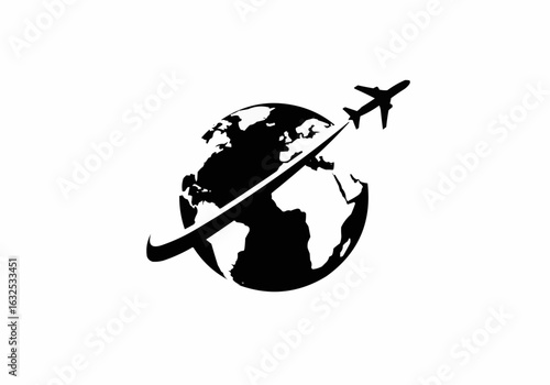 Airplane flying around the world globe showing travel and international destinations for tourism and business