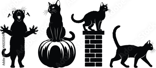 Four halloween cat silhouettes with spooky elements