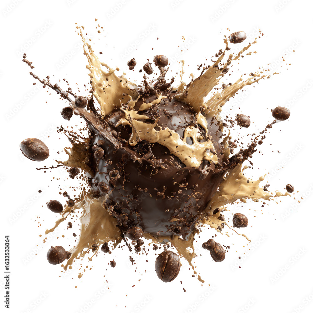 Fototapeta premium A coffee or chocolate sphere explodes in a vibrant splash of liquid