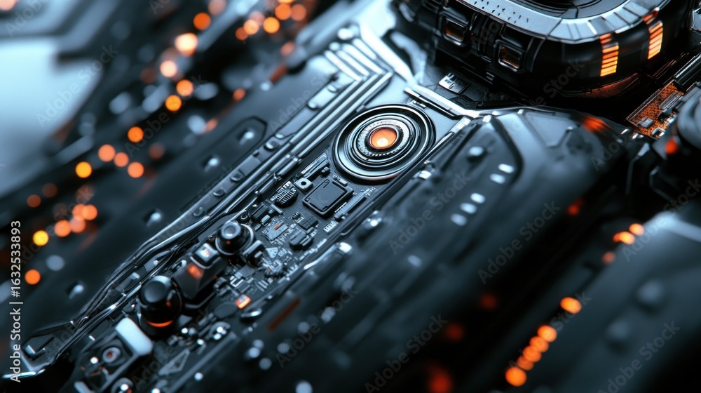 Fototapeta premium Futuristic circuit board close-up with glowing components; technological innovation in background