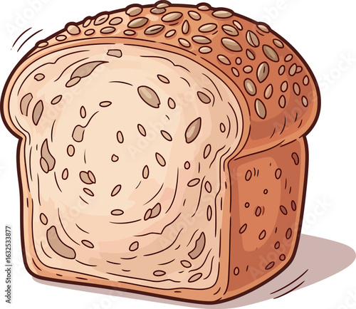 A cartoon illustration of a sliced loaf of whole grain bread with a crust covered in seeds.
