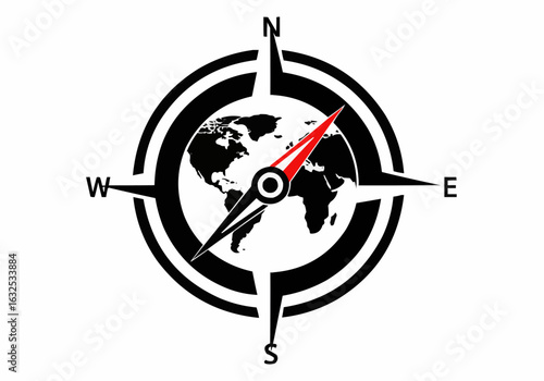 Black and white compass rose with world map and red needle pointing north for navigation design use