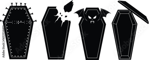 Four coffin silhouettes with different styles and damage