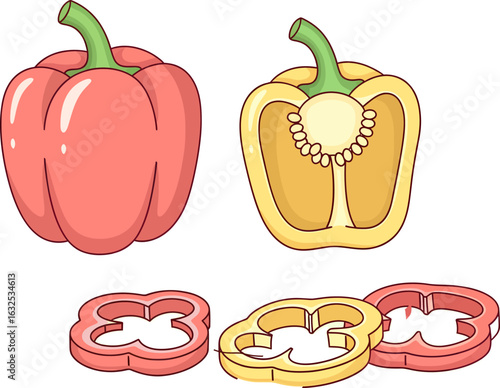 Red and Yellow Bell Peppers: Whole Halved and Sliced Cartoon Style Illustration.