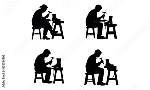Silhouettes of shoemakers crafting footwear at bench using tools in artisan posture
