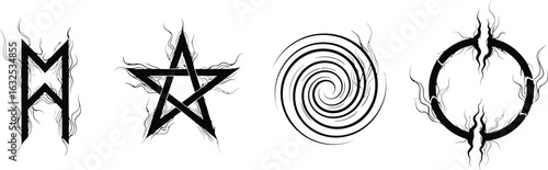Four occult symbols in a distressed silhouette style