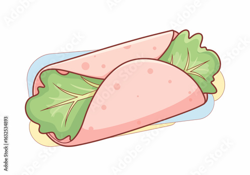 A colorful cartoon ham and lettuce roll-up with cheese featuring a clean outlined illustration style.