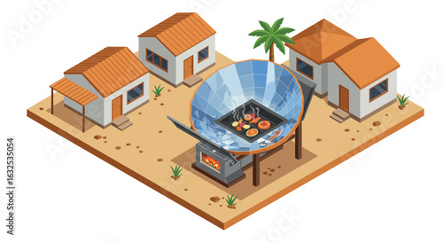 Solar cooker in isometric desert village with eco-friendly energy concept