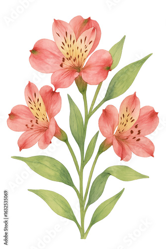 Watercolor Alstroemeria Flower on transparent background. Plant, floral