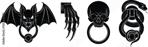 Gothic halloween door knockers with bat skull and snake silhouette