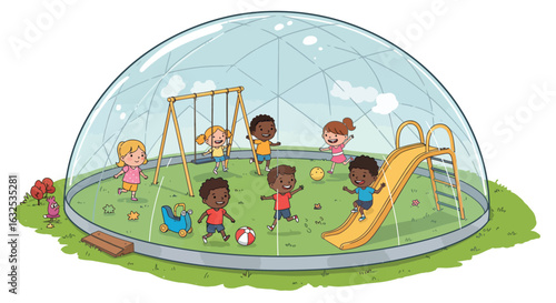 Children playing in a playground dome with swings and slide in cartoon style