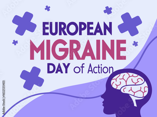 European Migraine Day of Action Graphic with Brain Silhouette and Cross Symbols on Light Purple Background