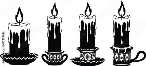 Four ornate candles burning brightly in decorative holders silhouette