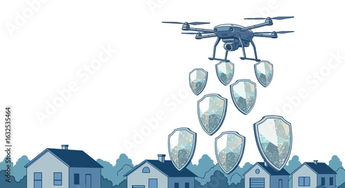 Drone deploying protective shields over suburban homes in futuristic technology concept