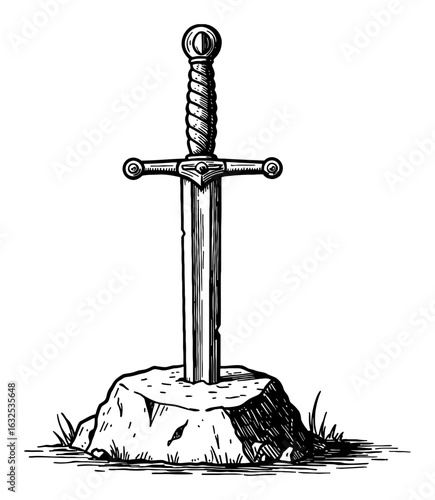Legendary Excalibur Sword Stuck on Stone Ancient Mythical Object Black and White Outline Line Art Drawing