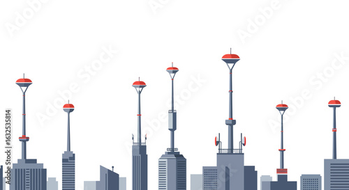 Futuristic cityscape with antenna towers on modern skyscrapers