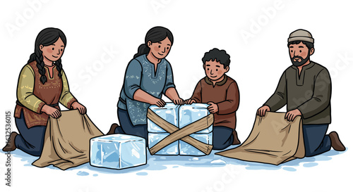 Family preserving ice tradition with natural materials in cartoon style
