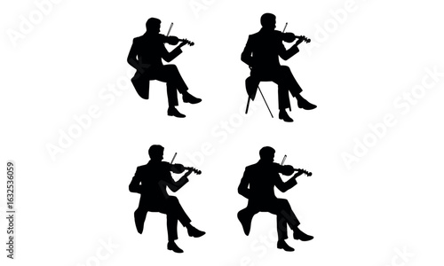 Silhouettes of male violinists playing seated with classical posture and music expression
