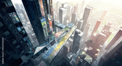 Futuristic cityscape with glass walkway at sunrise in digital art style