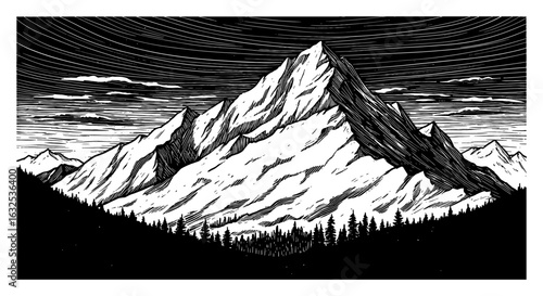 Dramatic Snowy Mountains Landscape with Pine Forest in Foreground Black and White Outline Line Art Drawing Engraving Style