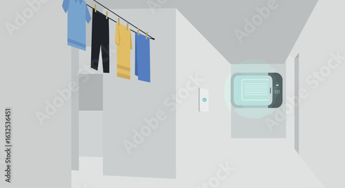 Minimalist laundry room with clothes drying and modern washing machine