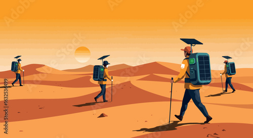 Adventurers trekking through barren desert landscape at sunset