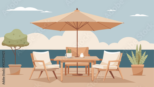 A peaceful outdoor patio with a light wood dining set accented with cozy cushions and a neutralcolored umbrella.