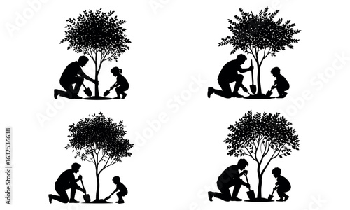 Silhouettes of man and child planting trees together promoting environment and care
