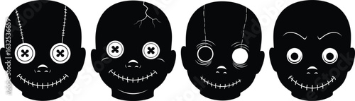Four creepy black doll heads with white eyes and smiles silhouette