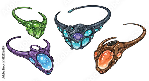Futuristic sci-fi alien technology ornaments with glowing gemstones