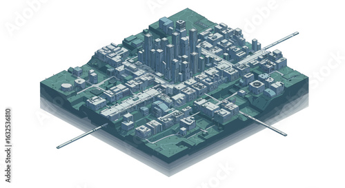 Futuristic isometric cityscape with skyscrapers and urban architecture