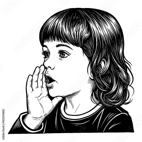 Adorable Little Girl Whispering Secretly with Hand Cupped Near Mouth Black and White Outline Line Art Drawing