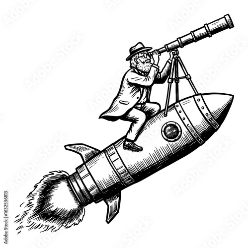 Old Fashioned Gentleman Riding Rocket Looking Through Telescope Black and White Outline Line Art Drawing