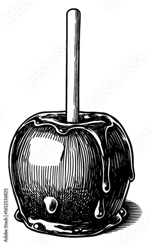 Retro Toffee Candy Apple with Dripping Caramel Glaze Black and White Outline Line Art Drawing Style