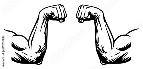 Two Muscular Arms Flexing Right and Left Hands Only in Detailed Black and White Outline Line Art Drawing