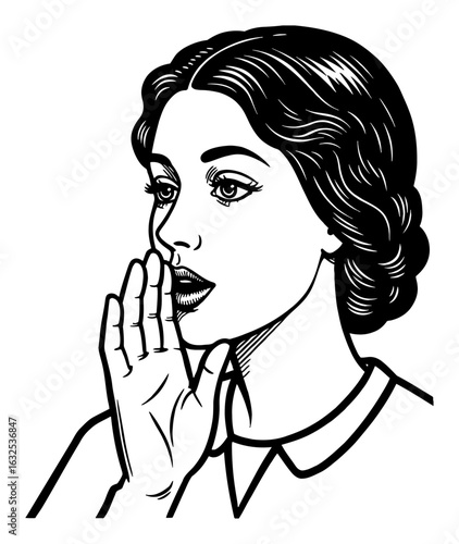 Vintage Woman Whispering Secret with Hand Near Mouth Classic Black and White Outline Line Art Drawing