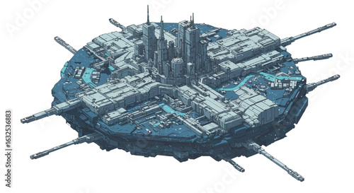 Futuristic floating sci-fi city with detailed isometric design