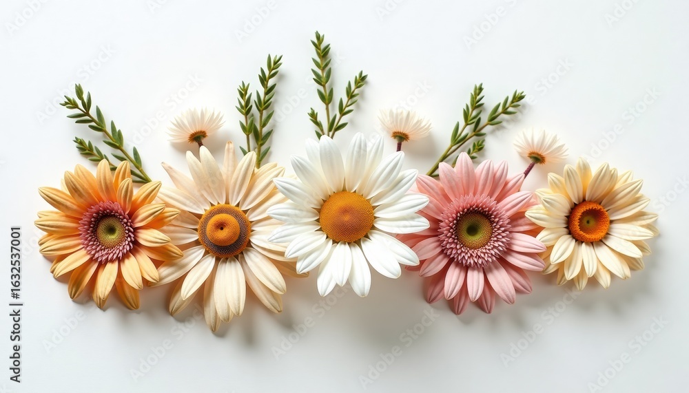 Fototapeta premium Colorful flower arrangement with green leaves on white background 