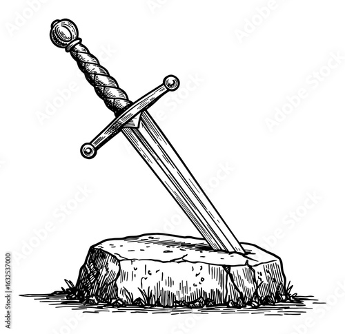Legendary Excalibur Sword Stuck in a Stone Black and White Outline Line Art Drawing Medieval Fantasy Object Illustration