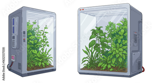 Indoor hydroponic garden systems showcasing lush green plants in two transparent growth chambers