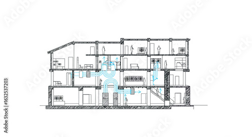 Modern building cross section with airflow diagram