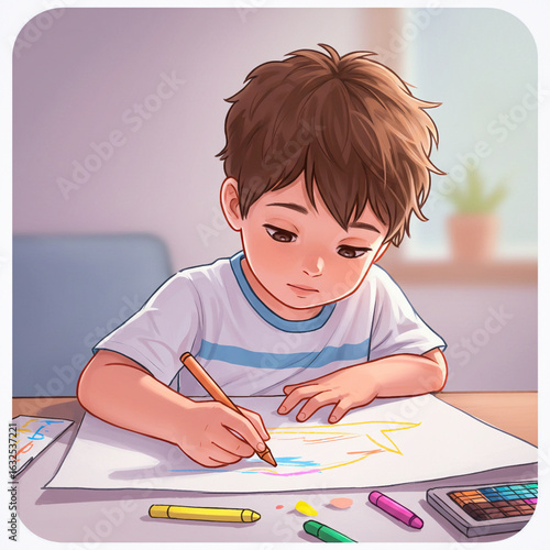 Young Boy Drawing with Crayons at a Table in a Soft Pastel Setting