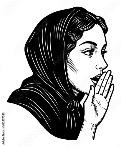 Vintage Woman Whispering with Hand Near Mouth Profile View Black and White Outline Line Art Drawing