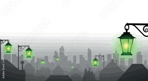 Misty urban skyline with green lanterns in monochrome silhouette