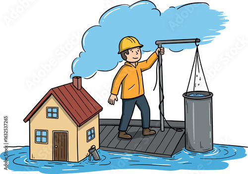 Engineer monitoring water extraction in flooded area with safety gear