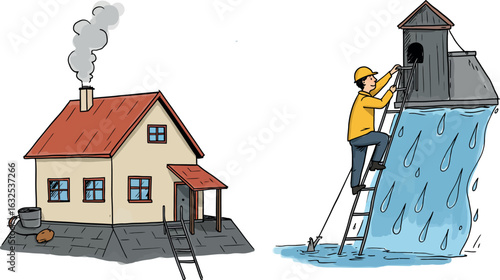 Cartoon of a worker on ladder fixing small dam next to cozy house with red roof