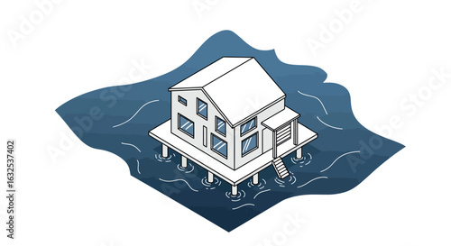 Elevated coastal home design on stilts in isometric style