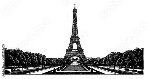 Eiffel Tower Panorama Symmetrical View Black and White Outline Line Art Drawing of Famous Parisian Landmark